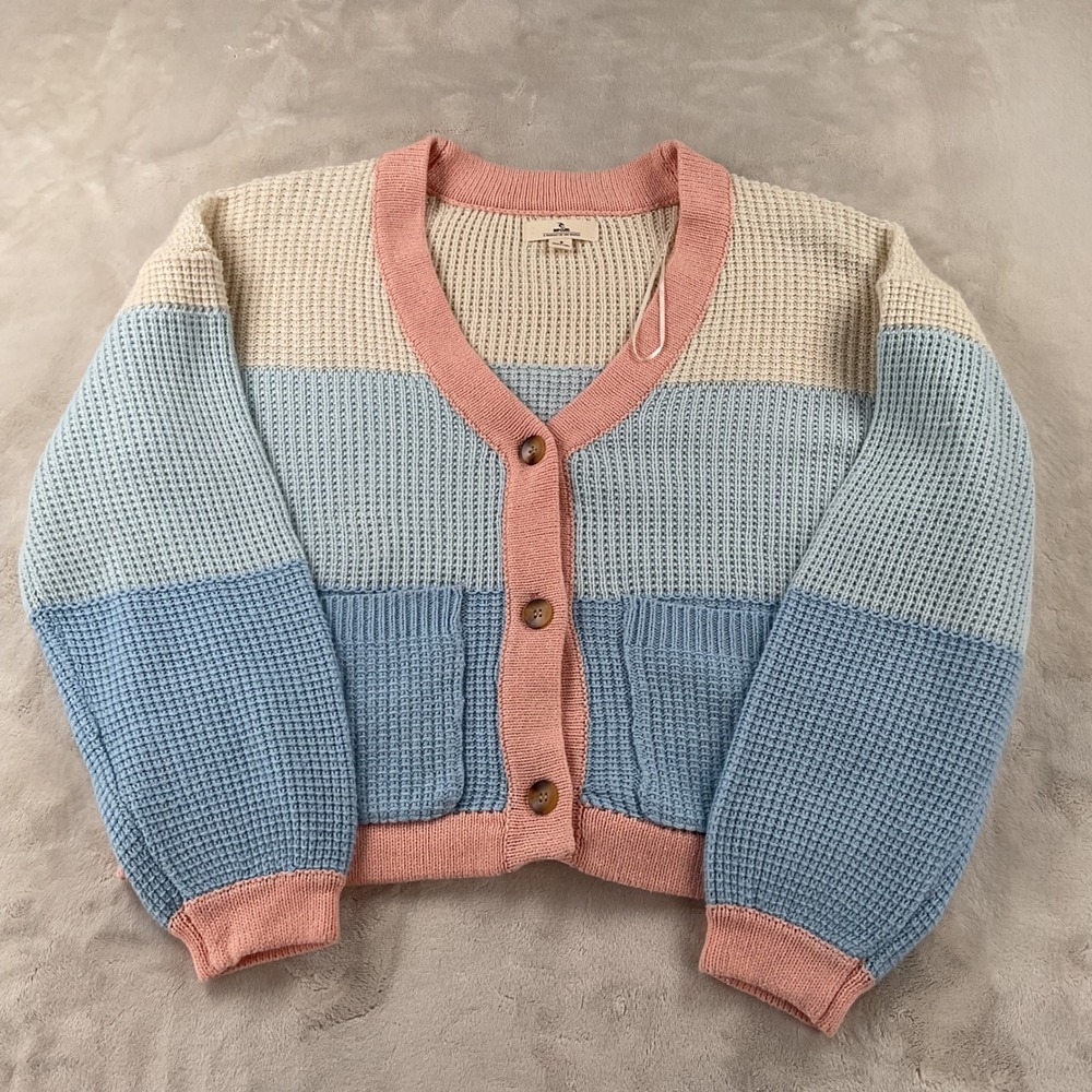 Rip Curl Desert Dreams Colorblock Waffle Knit Cardigan Sweater Pink Blue S NWT